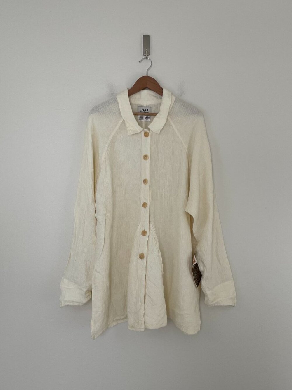 Flax Ivory Cream Linen Button Front Gauzy Textured Tunic Dress Size Large